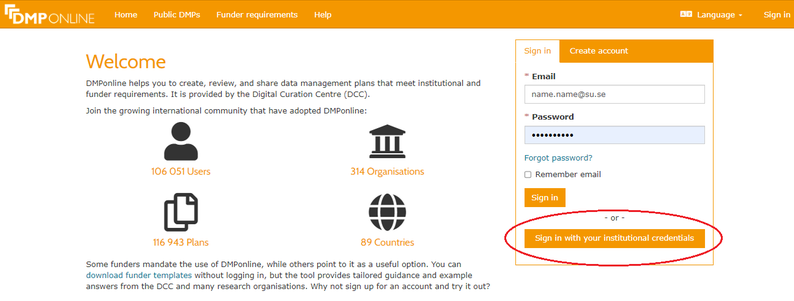 DMPonline login page. “Sign in with your institutional credentials” is circled.