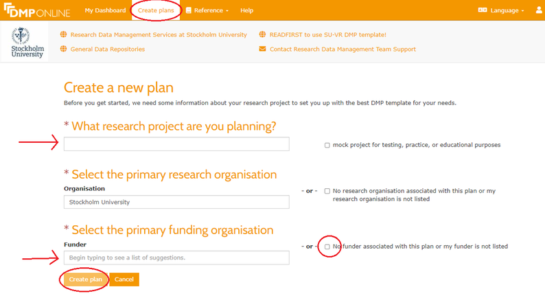 The tab "Create Plans". Two fields are indicated with arrows. The button "Create plan" and the tick box "No funder associated..." is circled.